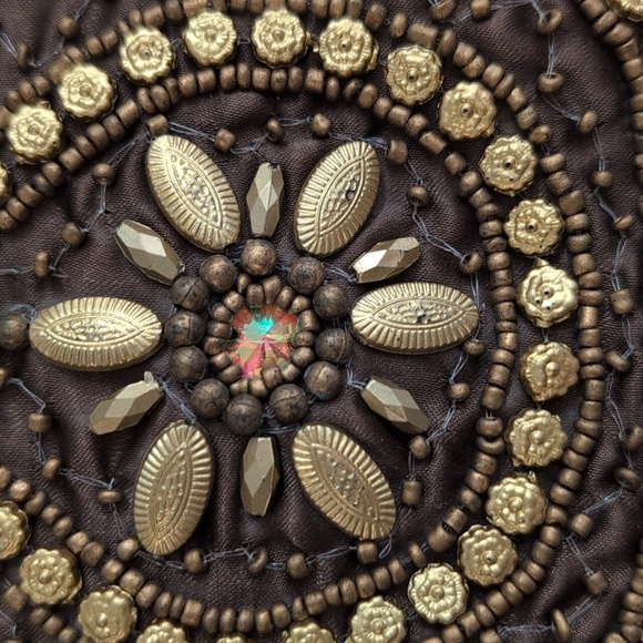 Brown and Gold Embroidered Wristlet with Beaded Ring Handle - Phone Case - Picture 4 of 8